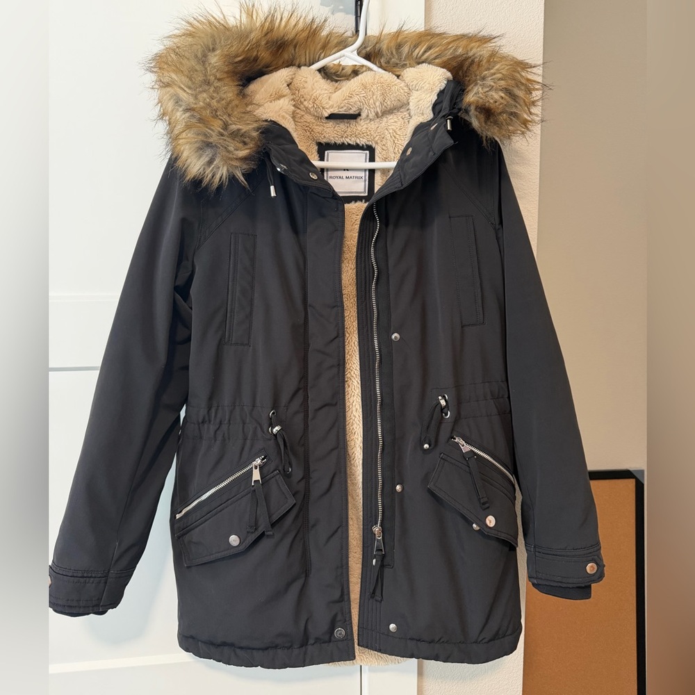 Black Coat with Faux Fur Trim size 2